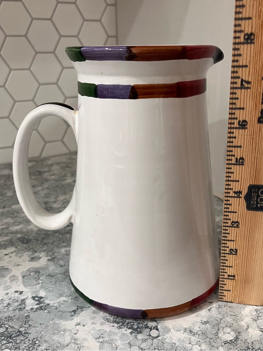 8” white pitcher. Circo by Bill Goldsmith for Deruta, Italy collection. Mint.